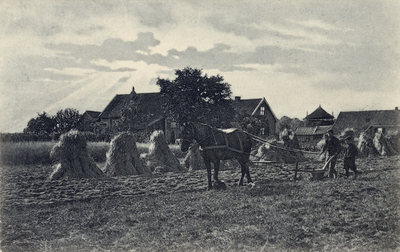 8002 Gezicht op een roggeveld met korenschoven en een boer achter een ploeg in de omgeving van Baarn.